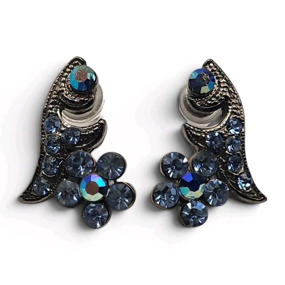 Aurora Borealis Crystal Flower Post Earrings Dark Tone T